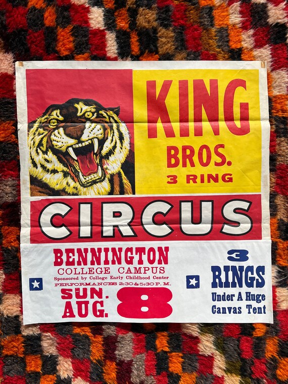 Original Vintage King Bros. Circus Advertisement Poster With Fierce Tiger