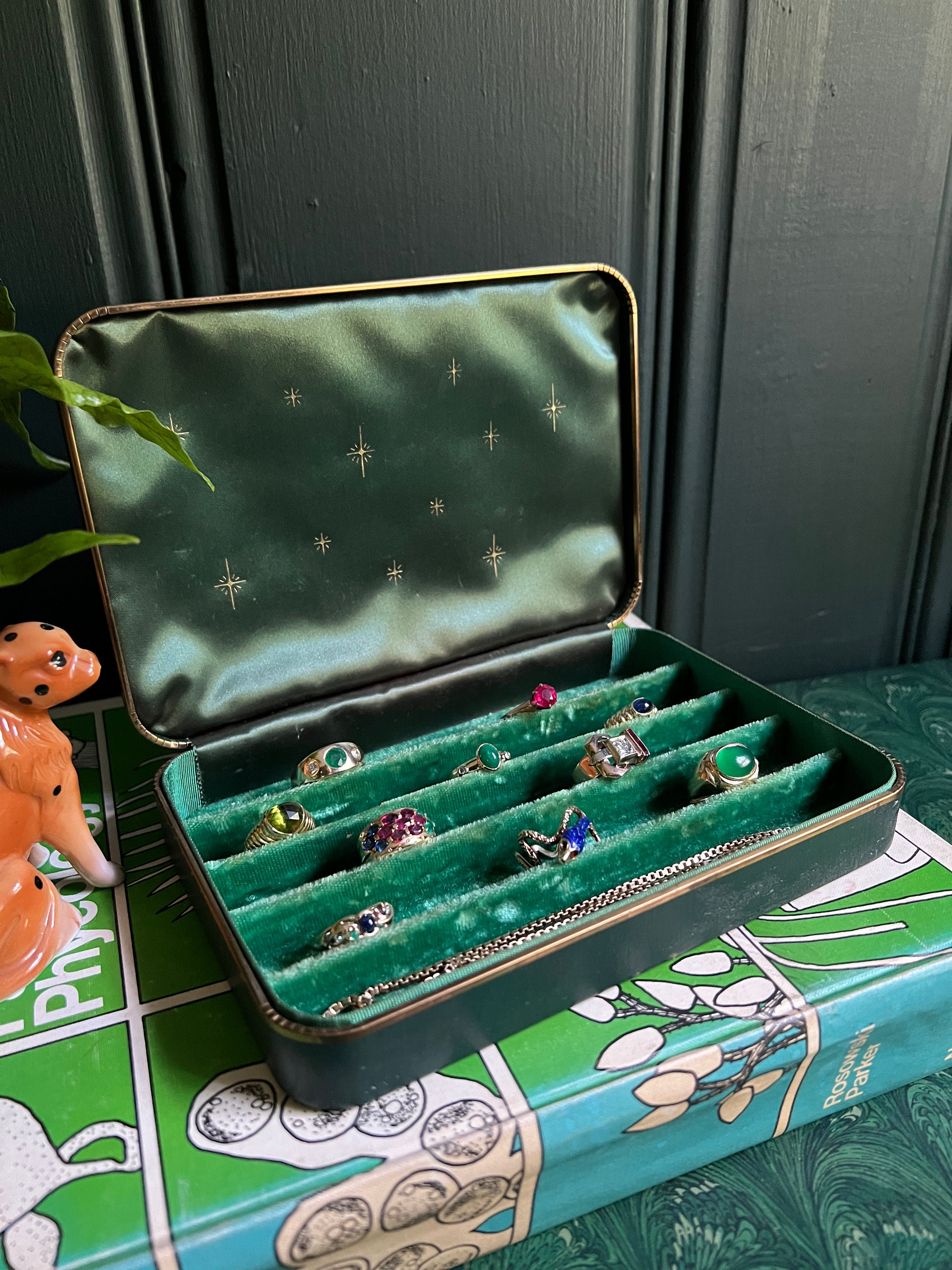 Vintage Emerald Green Jewelry Box With Gold Details, & Velvet And Silk