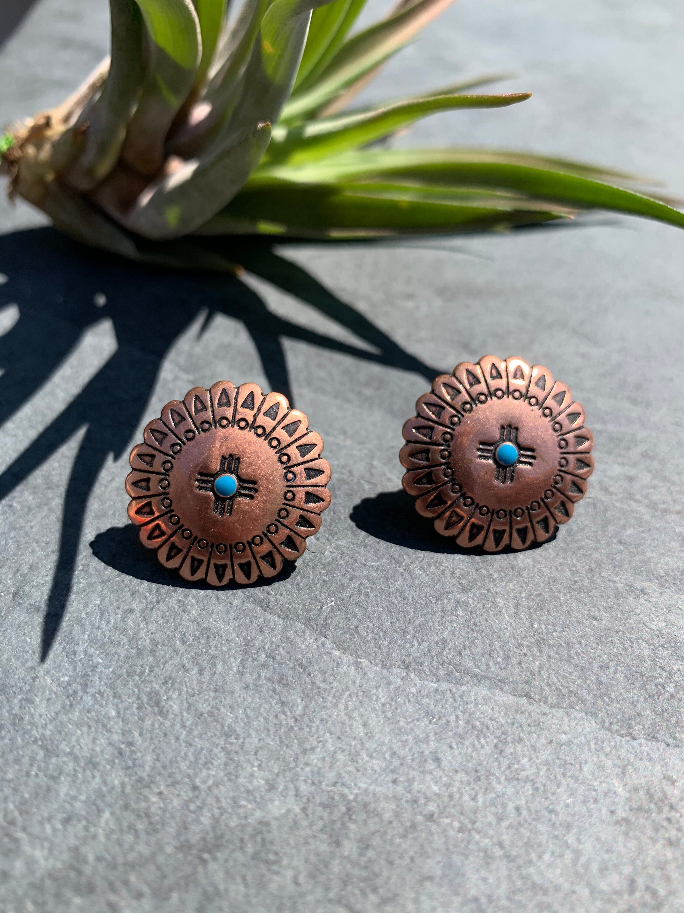 Vintage Copper Clip On Earrings With Turquoise Accent