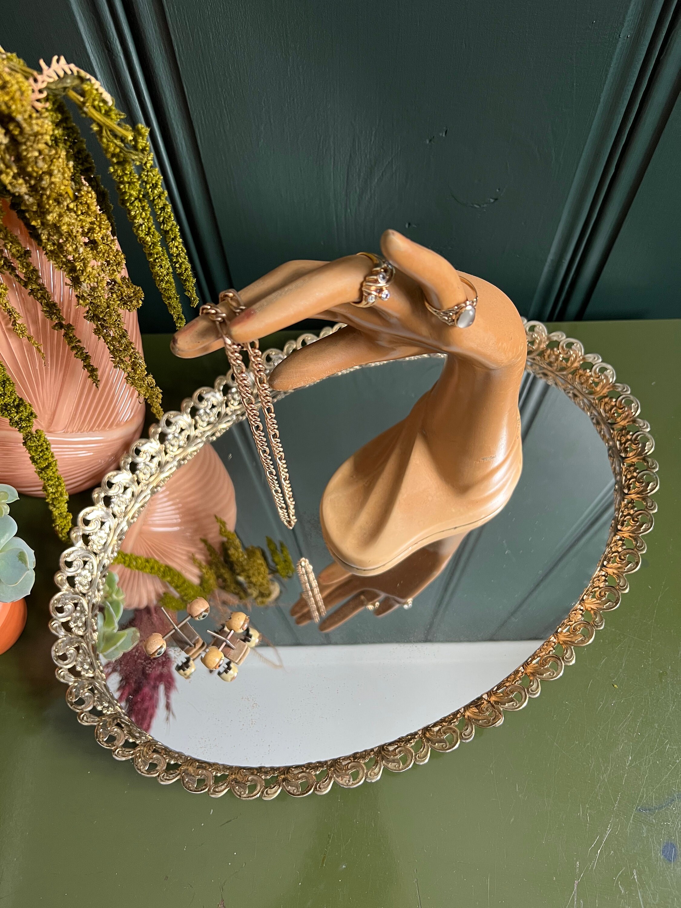 Large Mirrored Vanity Display Tray With Floral Filigree Frame