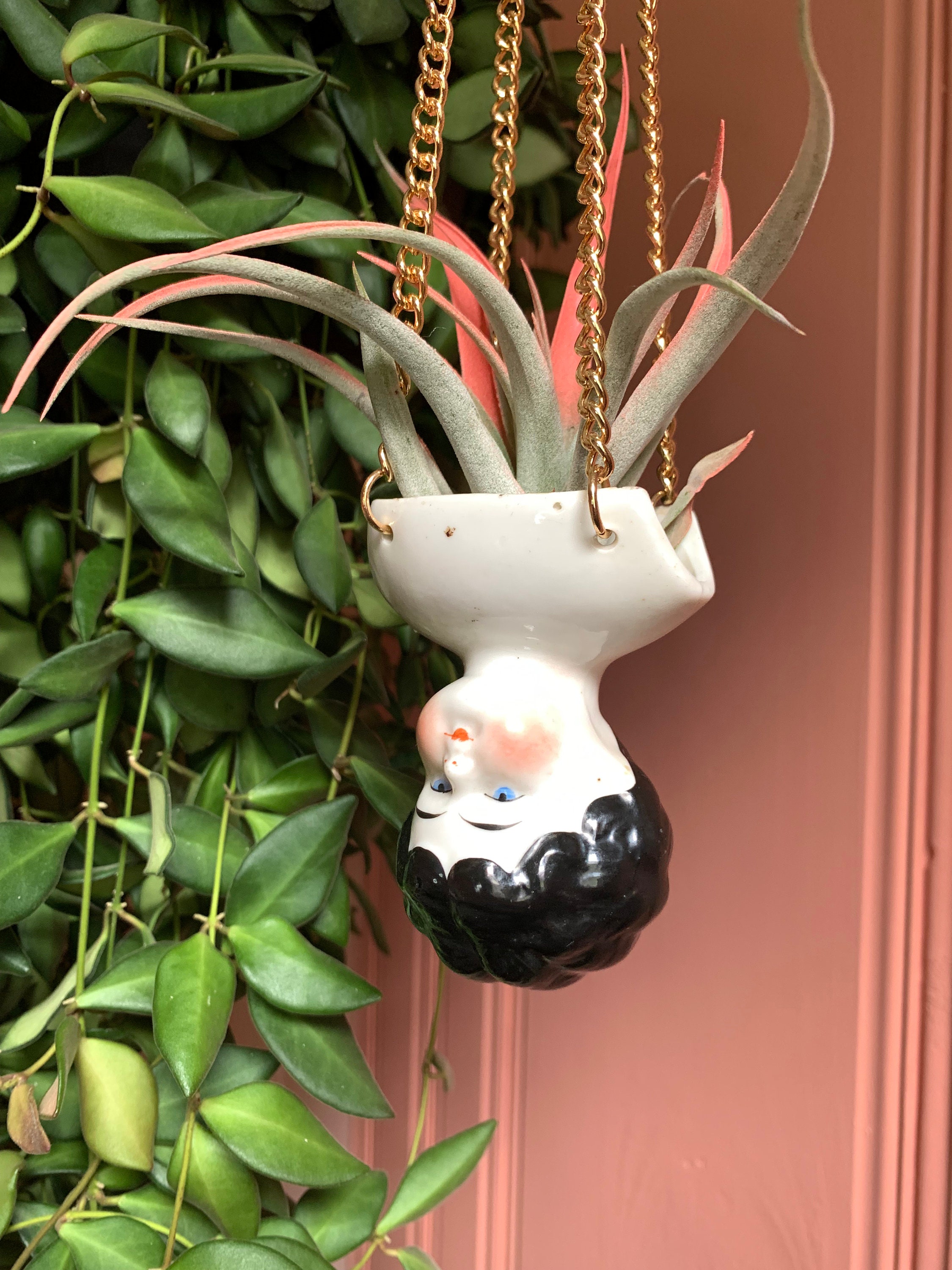 Antique Porcelain Doll Bust Hanging Planter With Gold Chain For Air Plants