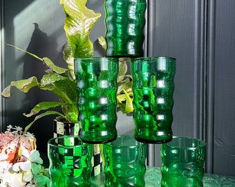 Set Of Six Emerald Green Wavy Bubble Glasses By Anchor Hocking