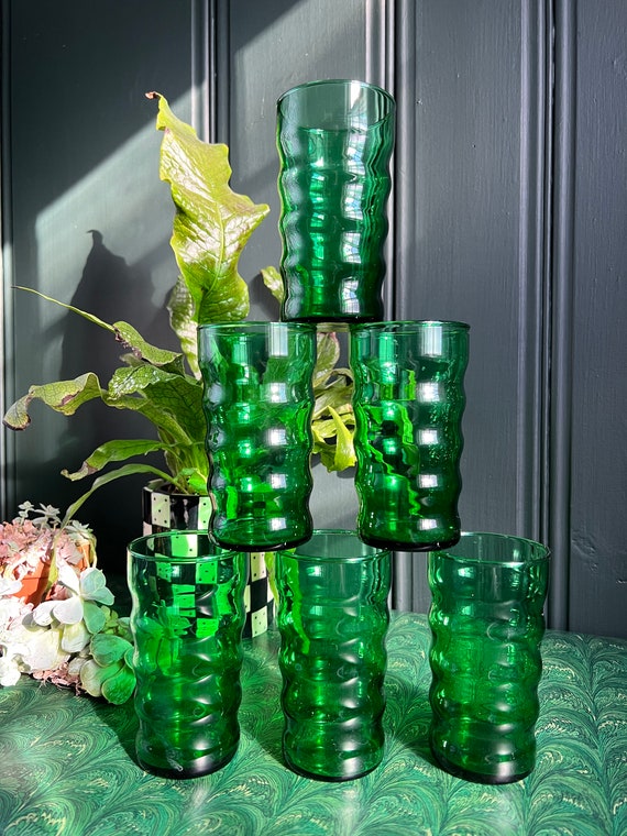 Set Of Six Emerald Green Wavy Bubble Glasses By Anchor Hocking