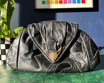 Vintage Black Leather Purse With Abstract Appliqué By Park Avenue Int