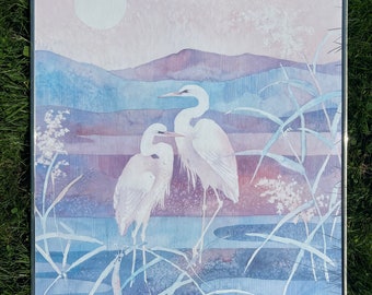 LOCAL PICKUP ONLY: Pair Of 1980's Flamingo Lithographs With Pastel Mountain Sunsets