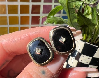 Vintage Gold Tone Cuff Links With Faux Onyx And Daimond By Anson