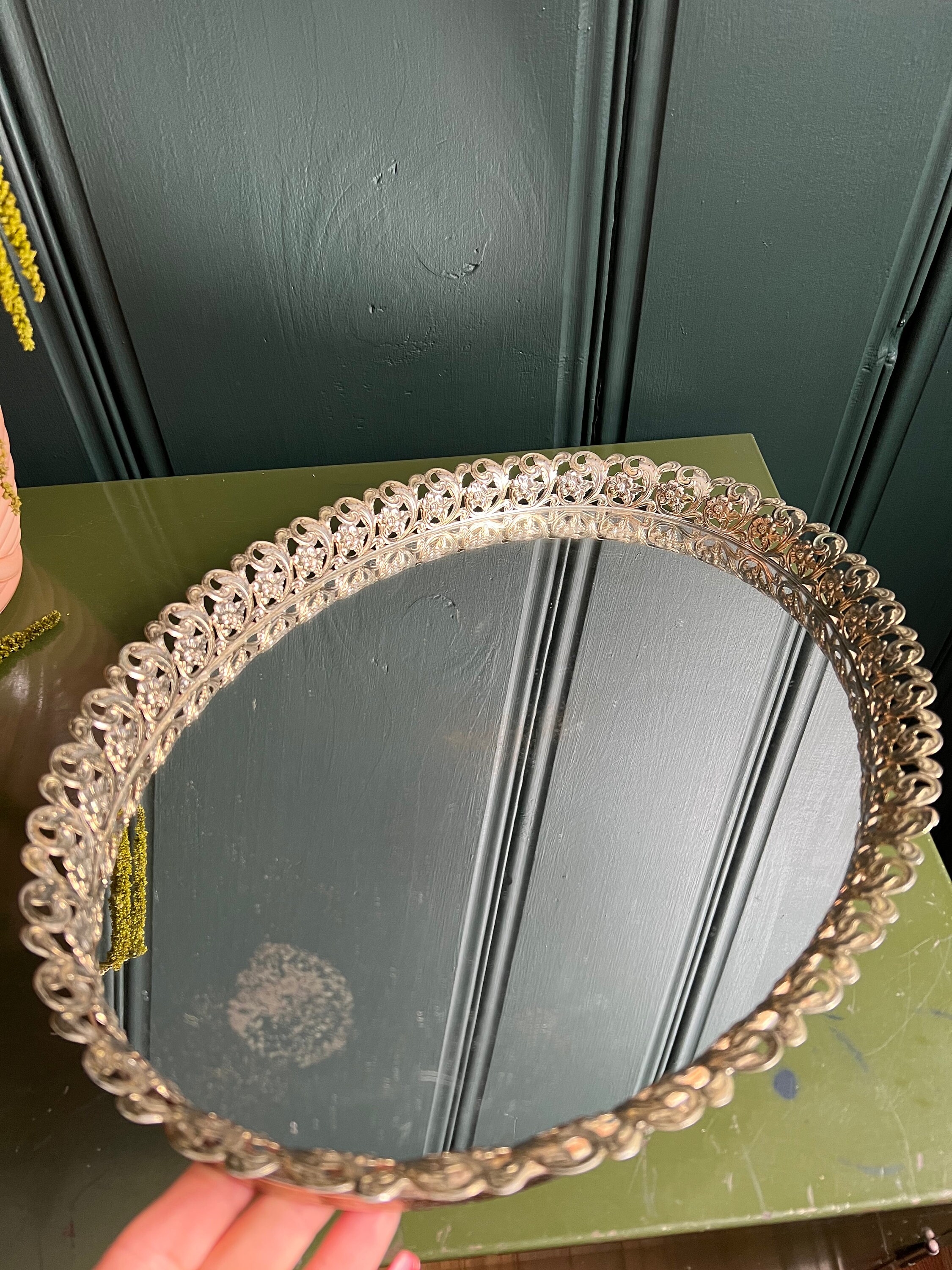 Large Mirrored Vanity Display Tray With Floral Filigree Frame