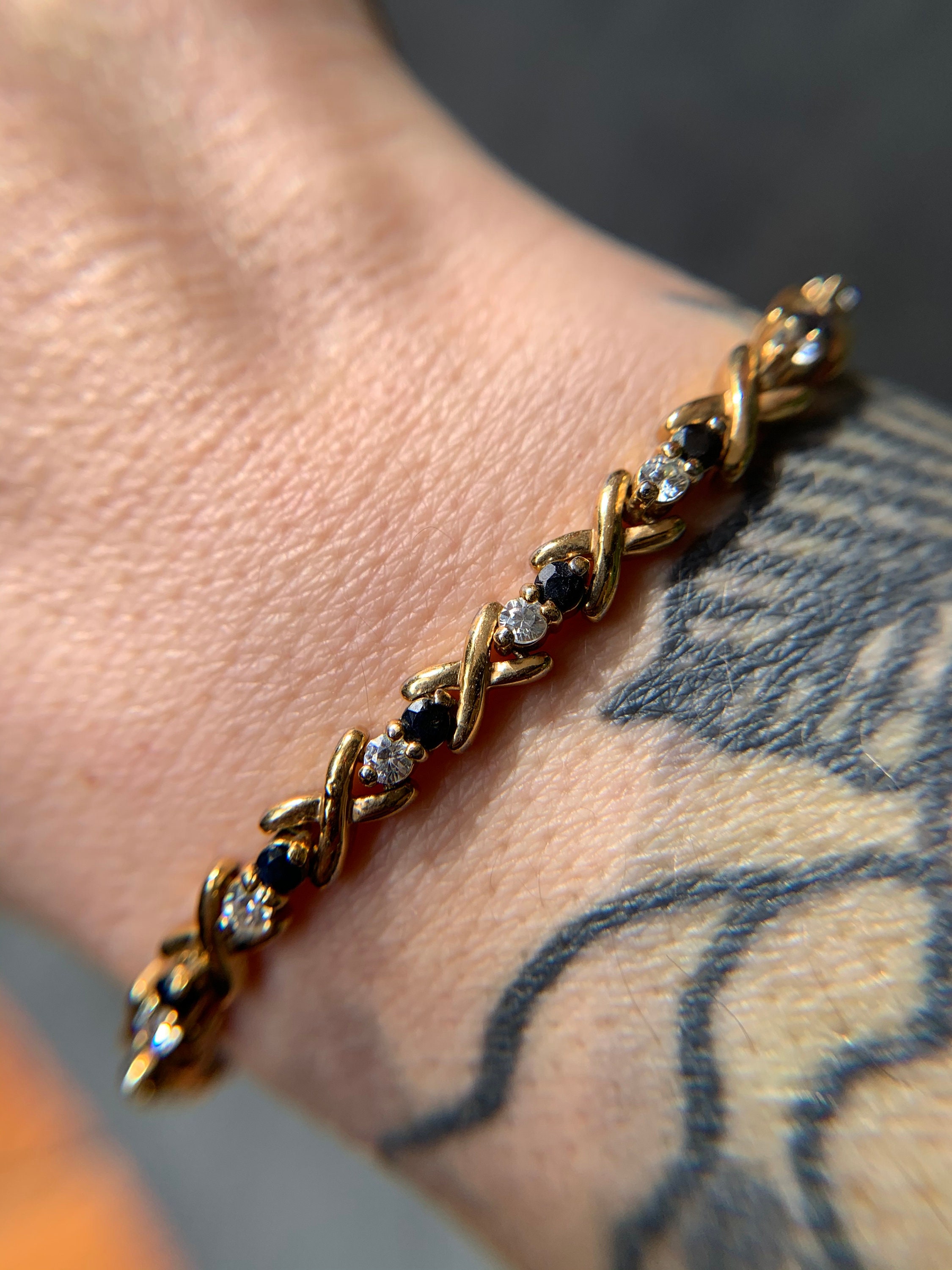 Vintage Sapphire and CZ Tennis Bracelet Gold Vermeil Over Sterling Silver