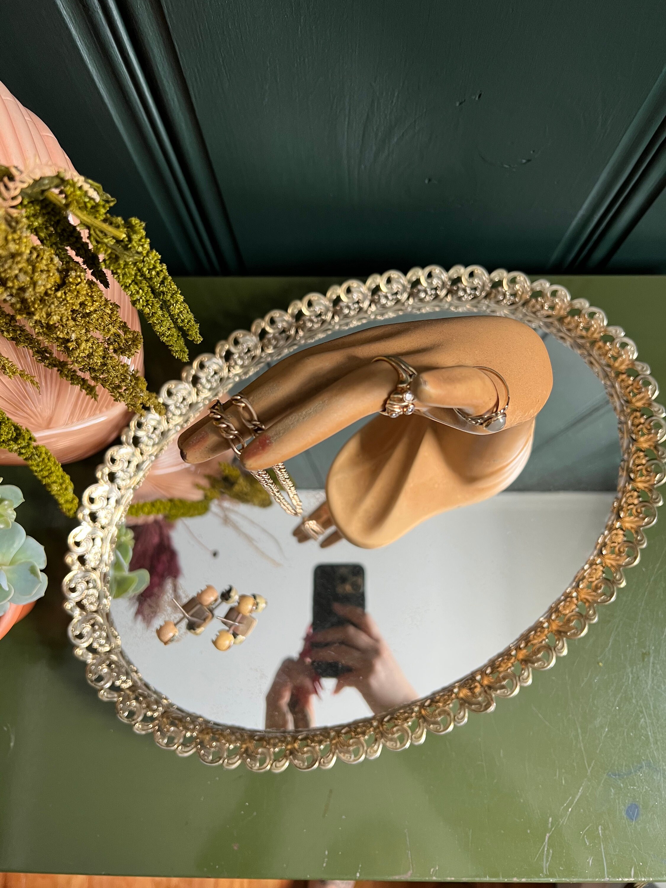 Large Mirrored Vanity Display Tray With Floral Filigree Frame