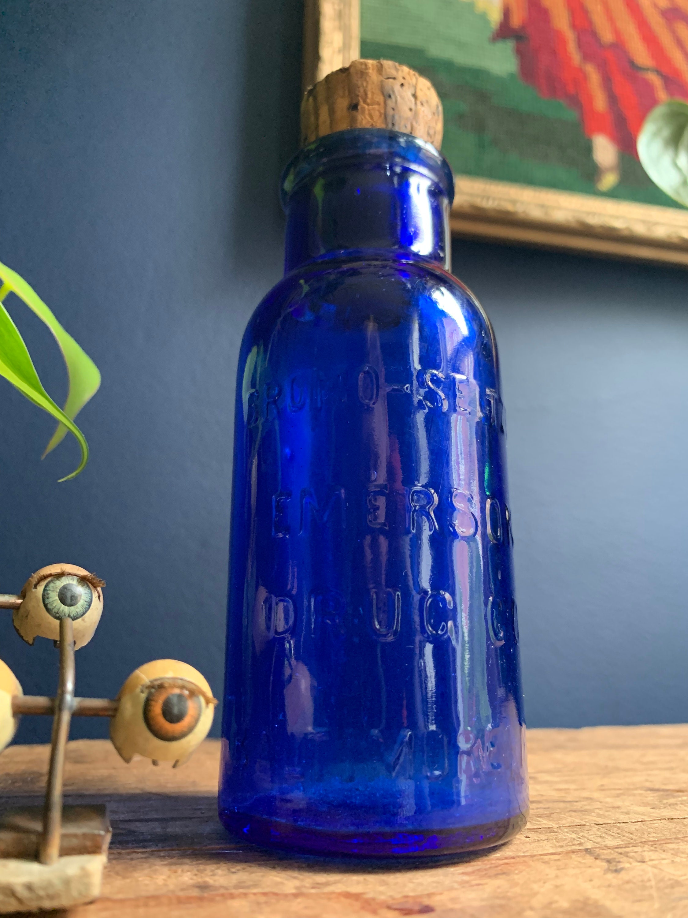 Blue Glass Bromo Seltzer Bottle With Original Cork