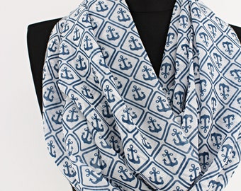 Navy Anchor Chiffon Infinity Scarf: Nautical Print Circle Scarf