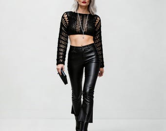 Czarny szydełkowy bolerko, gotycki top z siateczki, bolerko w stylu grunge w stylu Fairycore, siatkowy top z długim rękawem, odzież na festiwalowe imprezy, sweter z dzianiny w stylu spranym