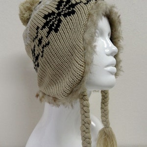 Beige Knit Pom Pom Beanie: Furry Fleece Lined Winter Hat