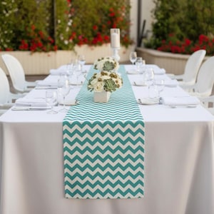 Camino de mesa con estampado de espiga color turquesa, decoración moderna para comedor en lona de algodón con estampado de zigzag.