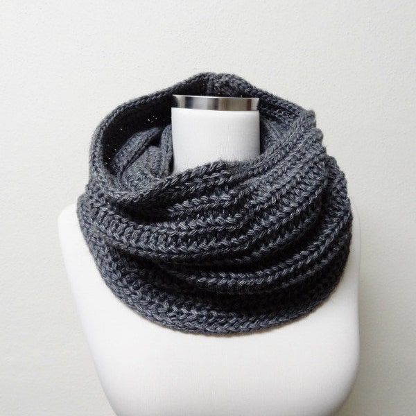 Dark Gray / Grey Knit Cowl / Infinity Scarf /  Hooded Cowl / Loop Scarf / Wool Blend Scarf / Men Women Scarf / Unisex