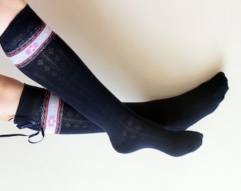 Navy Blue Knee High Boot Socks with Ribbon, Knit Lace Knee Socks, Leg warmers