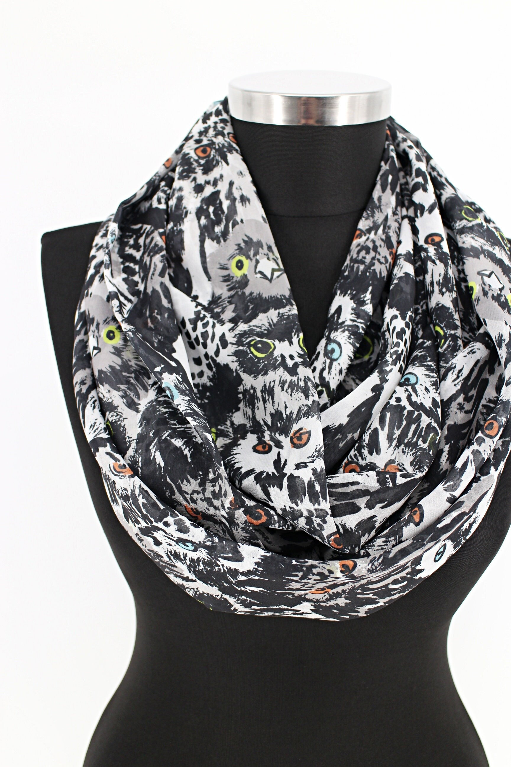 Owl Print Chiffon Infinity Scarf: Lightweight Circle Scarf