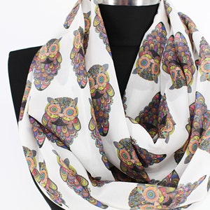 Owl Pattern Chiffon Infinity Scarf: Lightweight Circle Scarf