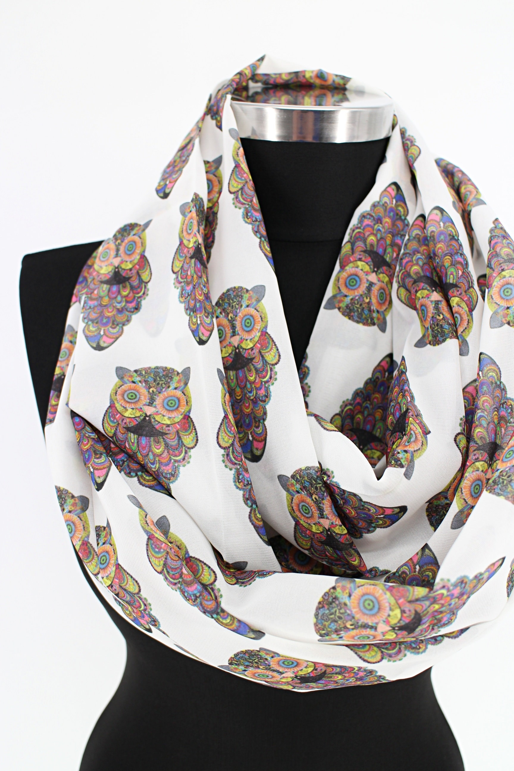 Owl Pattern Chiffon Infinity Scarf: Lightweight Circle Scarf