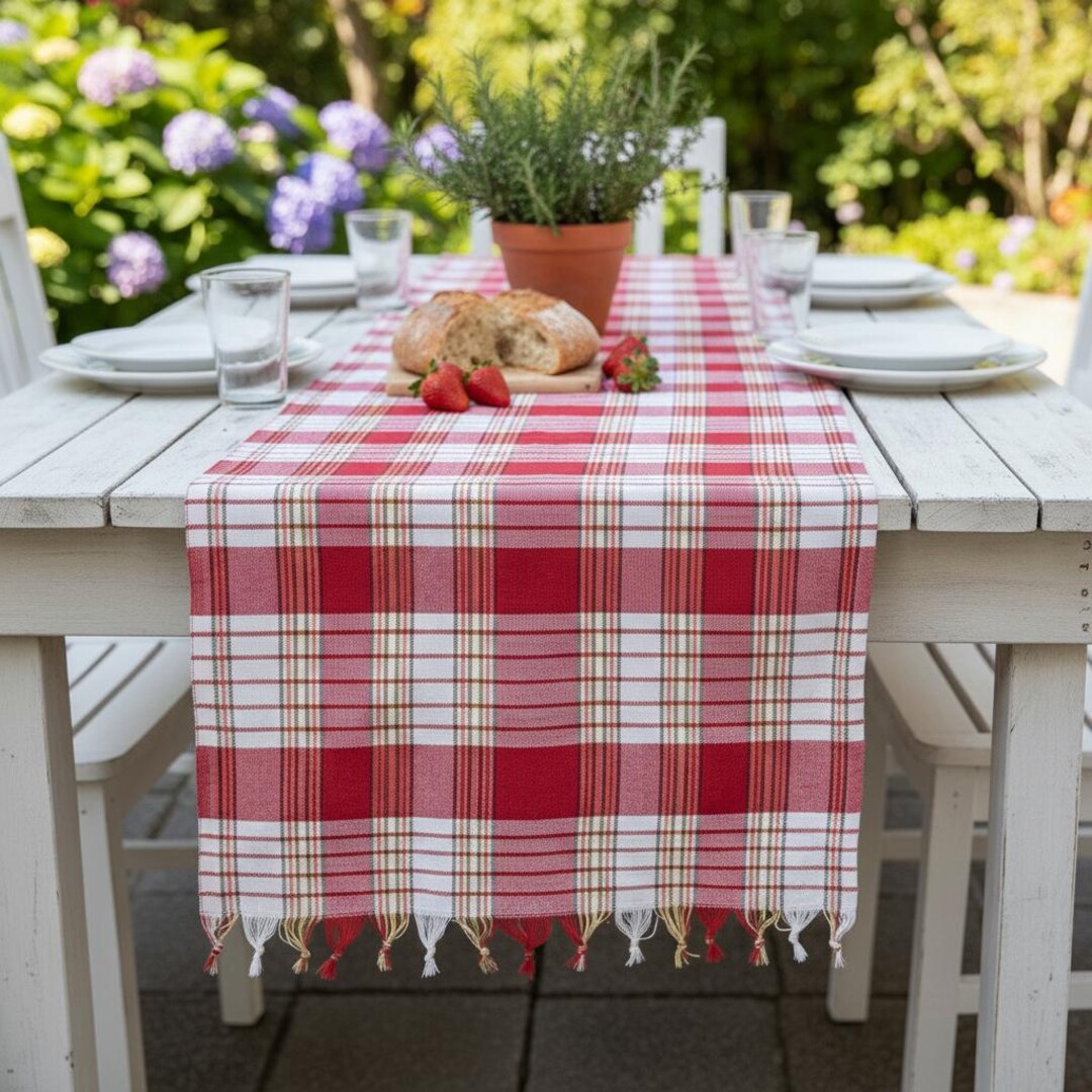 Red Pattern Table Runner Red Plaid Cotton Table Runner With Tassels – Rustic Farmhouse Dining ...