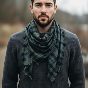 May include: A gray sweater with a green and navy blue plaid scarf. The scarf is draped around the neck and has a fringed edge. The image is a medium shot, with the focus on the upper body.