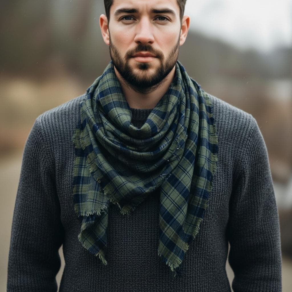 Foulard Vintage Garçon En Laine - Plaid Gris Et Blanc, Longue Frange