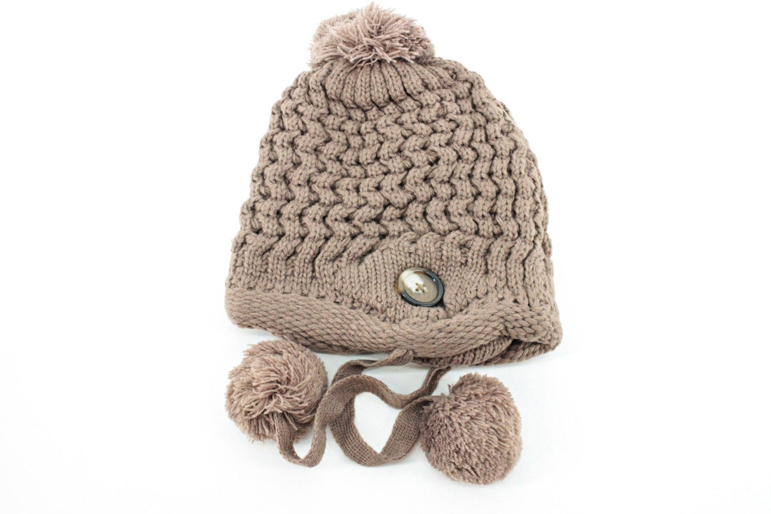 Brown Knit Pom Pom Beanie: Chunky Wool Blend Hat - Etsy display picture 1