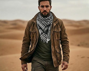 Czarno-biały szal keffiyeh w pepitkę, bawełniany szal na głowę w stylu pustyni, szal z frędzlami