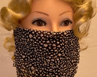 Face Veil Mask Covering, Elegant in black /white with silver sequins. Very comfortable double layer/light weight Ruffle fabric