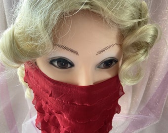 Face Veil Mask in Elegant Red, comfortable double layer/lightweight Ruffle fabric