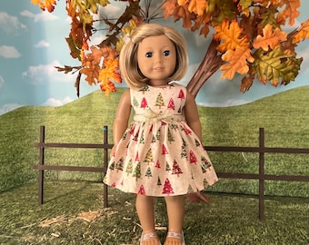 18 Inch Doll Christmas Dress, Gold Ribbon, Holiday Trees