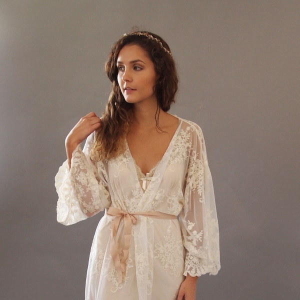 Luxurious Lace Robe for Brides - Perfect Wedding Gift and Ideal for Boudoir Shoots, Bridal Robe, Lace Dressing Gown, and Kimono