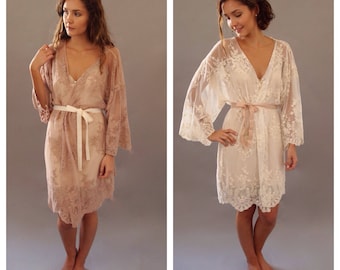 Lace robe, wedding day dressing gown, Bridal Lingerie, Lace Kimono Robe, Bridal Underwear, Bridal robes, HELENA