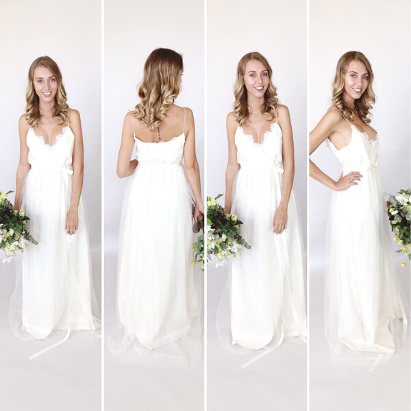 SALE - Simple wedding dress, spaghetti straps, Agnes cream Chantilly lace, tulle skirt - ready to wear sample size uk 10/12