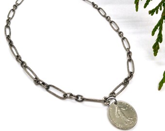 Extra Long Coin Charm Necklace Gypsy Boho Flapper Style with Mother of Pearl Shell Discs Bronze Tone Metal Strung 30-33 Inches