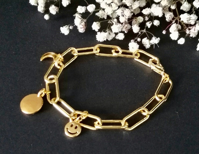 Disc and Moon Charms Chain Charm Bracelet in Thick Gold Filled Oval Link Paperclip Chain with Gold Happy Face