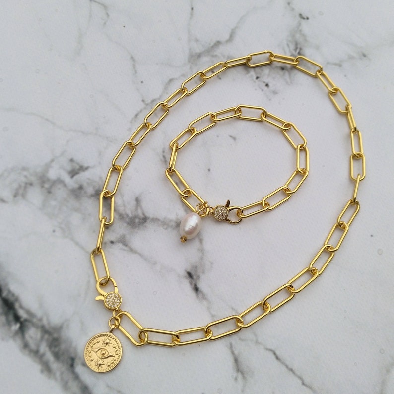 Disc and Moon Charms Chain Charm Bracelet in Thick Gold Filled Oval Link Paperclip Chain with Gold Happy Face
