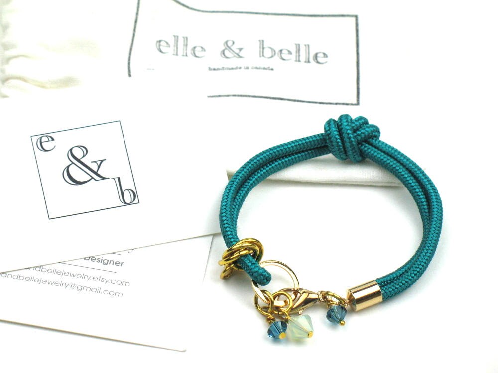 Green Rope Bracelet in Knotted Teal Mokuba Cord and Swarovski Etsy