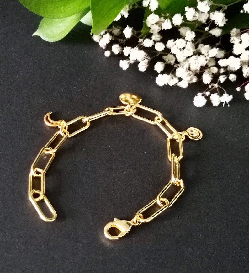 Disc and Moon Charms Chain Charm Bracelet in Thick Gold Filled Oval Link Paperclip Chain with Gold Happy Face