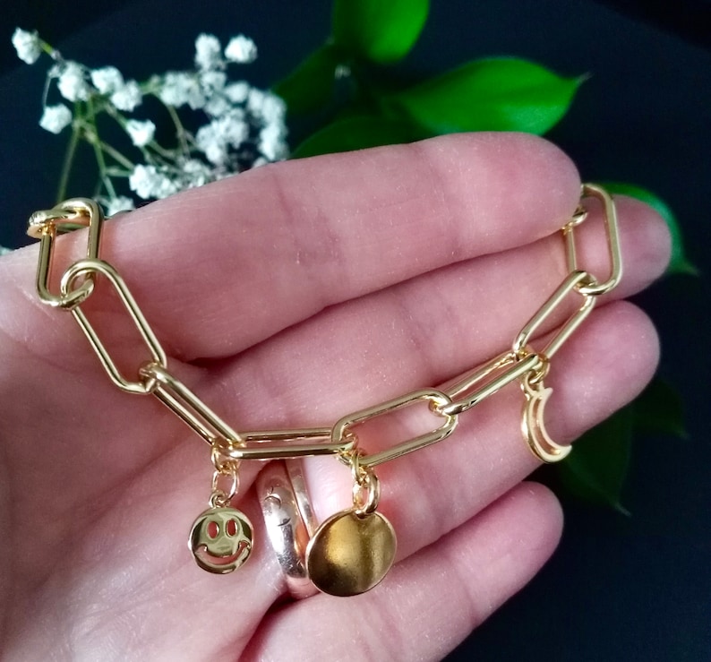 Disc and Moon Charms Chain Charm Bracelet in Thick Gold Filled Oval Link Paperclip Chain with Gold Happy Face