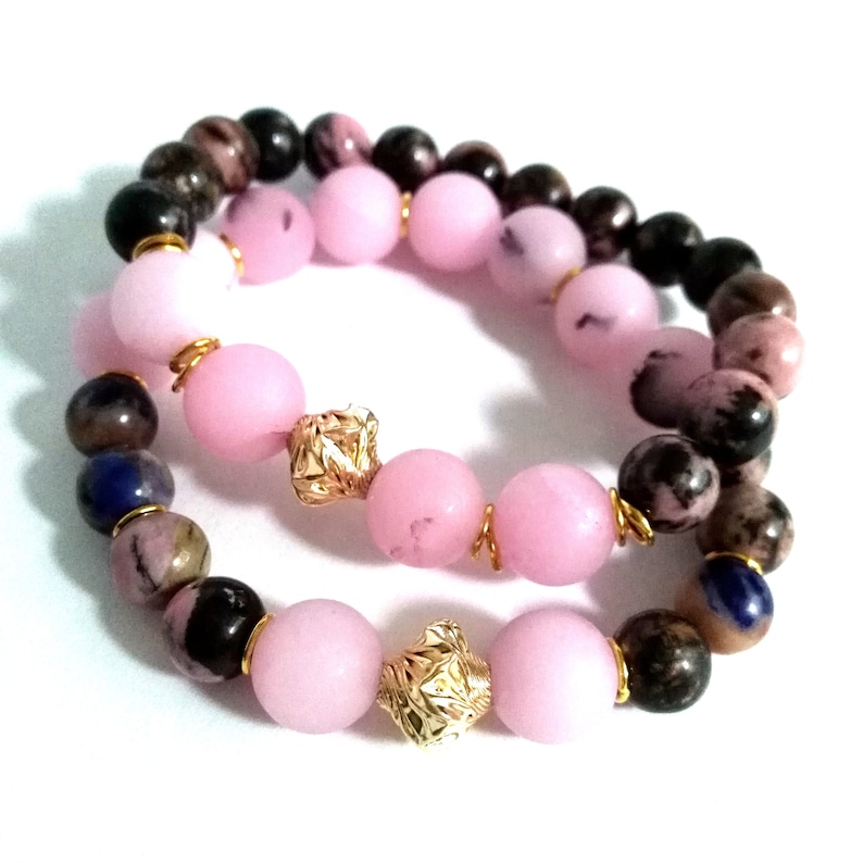 Brown and Gold with Rhodonite Cherry Blossom Jasper and Gold Filled Accent Handmade Jewelry Cherry Blossom Bracelet Set in Pink