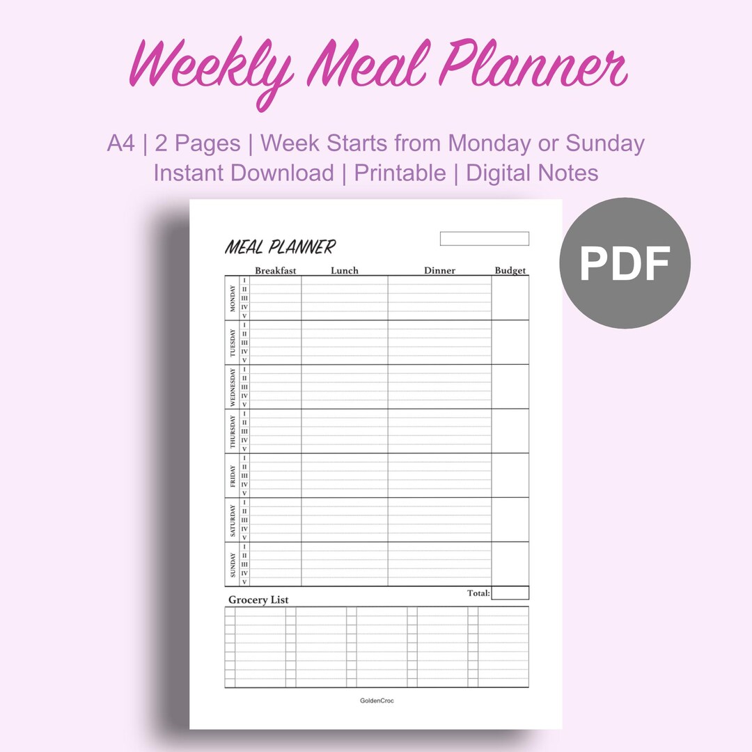 Weekly Meal Planner Instant Download Printable Template A4 With Budget ...