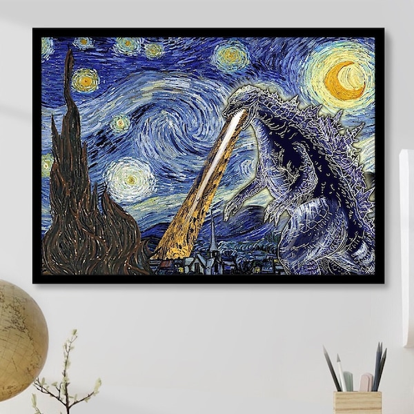 Godzilla Starry Night Art Print, Godzilla King of Monsters, Vincent Van Gogh Starry Night Style, Godzilla Movie Art Print, Godzilla Fan Gift