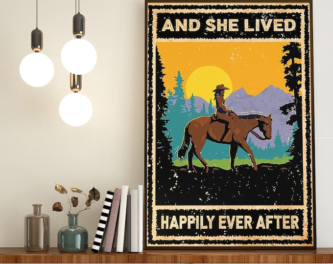 Girl Riding Horse Forest Art, And She Lived Happily Ever After, Vintage Cowgirl Poster, Horse Riding Cowgirl, Cowgirl Riding In Forest