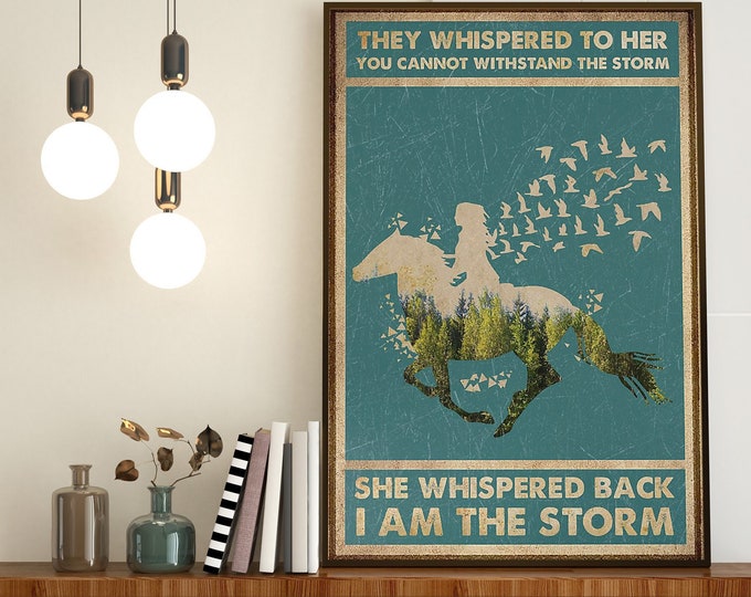 Girl Riding Horse Forest Art, She Whispered Back I Am The Storm, Vintage Cowgirl Poster, Horse Riding Cowgirl, Cowgirl Riding In Forest