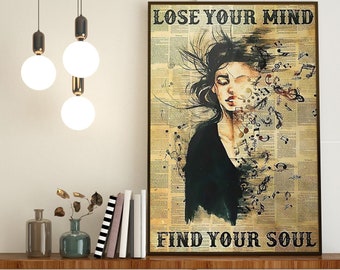 Girl Love Music Wall Art, Lose Your Mind, Find Your Soul, Music Gift Idea, Music Wall Art, Girl In Music Sheet, Vintage Girl Music Poster