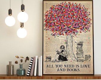 All You Need Is Love And Books Poster, Vintage Wall Art, Vintage Poster, Book Lover Poster, Reading Poster, Library Decor, Girl Love Reading