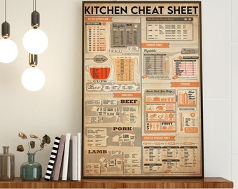 Kitchen Cheat Sheet Print, Kitchen Decoration, Vintage Kitchen Guide, Kitchen Wall Hanging, Cooking Lover Kitchen Decor, Cooking Lover Gift