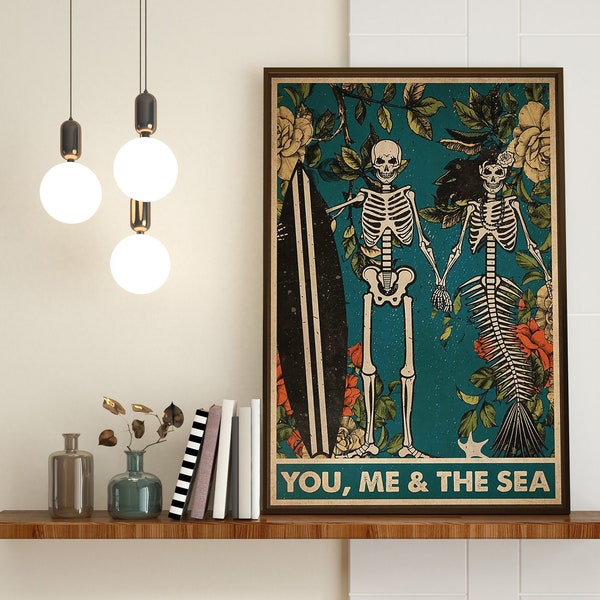 Skeleton Surfing Art, Mermaid Skeleton You, Me & The Sea, Halloween Decor, Skeleton Halloween Poster, Skeleton Decor, Surfing Lover Poster