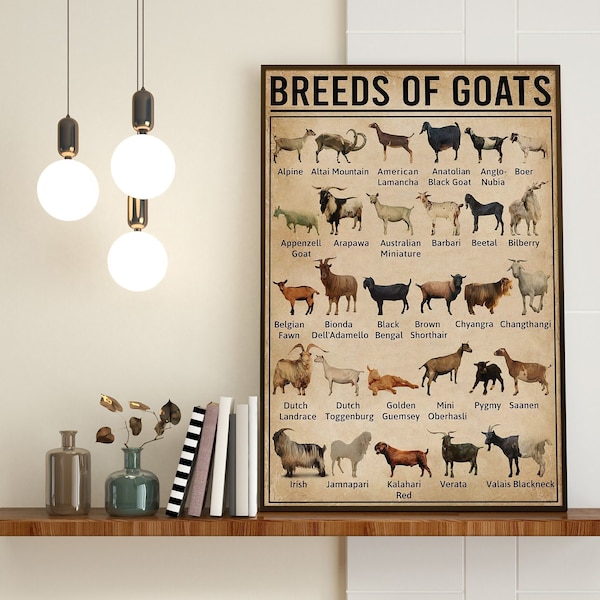 Farm Goat Wall Art, Breeds Of Goats Poster, Vintage Goat Farm Poster, Farmhouse Wall Decoration, Farmhouse Art Print, Goats Of The World